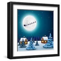 Night Christmas Forest Landscape. Santa Claus Flies Reindeer In-Paola Crash-Framed Art Print