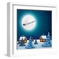 Night Christmas Forest Landscape. Santa Claus Flies Reindeer In-Paola Crash-Framed Art Print