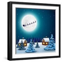 Night Christmas Forest Landscape. Santa Claus Flies Reindeer In-Paola Crash-Framed Art Print