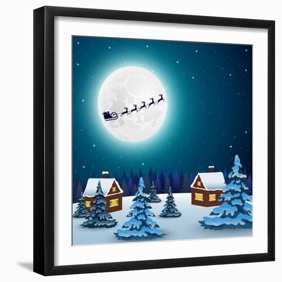 Night Christmas Forest Landscape. Santa Claus Flies Reindeer In-Paola Crash-Framed Art Print