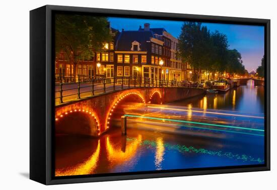 Night City View of Amsterdam Canal and Bridge-kavalenkava volha-Framed Stretched Canvas