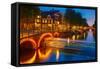 Night City View of Amsterdam Canal and Bridge-kavalenkava volha-Framed Stretched Canvas