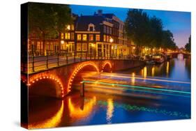 Night City View of Amsterdam Canal and Bridge-kavalenkava volha-Stretched Canvas