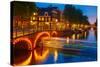 Night City View of Amsterdam Canal and Bridge-kavalenkava volha-Stretched Canvas