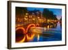 Night City View of Amsterdam Canal and Bridge-kavalenkava volha-Framed Photographic Print