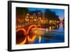 Night City View of Amsterdam Canal and Bridge-kavalenkava volha-Framed Photographic Print