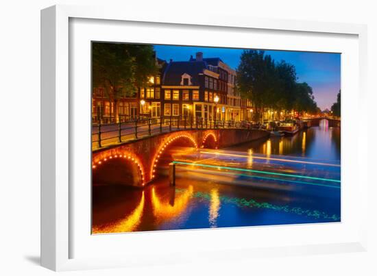 Night City View of Amsterdam Canal and Bridge-kavalenkava volha-Framed Photographic Print