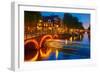 Night City View of Amsterdam Canal and Bridge-kavalenkava volha-Framed Photographic Print