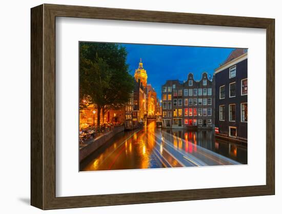 Night City View of Amsterdam Canal, Church and Bridge-kavalenkava volha-Framed Photographic Print