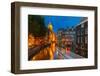 Night City View of Amsterdam Canal, Church and Bridge-kavalenkava volha-Framed Photographic Print