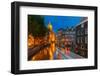 Night City View of Amsterdam Canal, Church and Bridge-kavalenkava volha-Framed Photographic Print