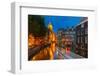 Night City View of Amsterdam Canal, Church and Bridge-kavalenkava volha-Framed Photographic Print