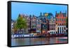 Night City View of Amsterdam Canal with Dutch Houses-kavalenkava volha-Framed Stretched Canvas