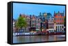 Night City View of Amsterdam Canal with Dutch Houses-kavalenkava volha-Framed Stretched Canvas