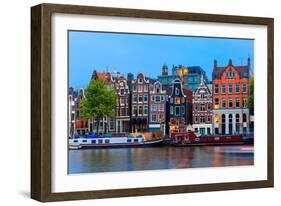 Night City View of Amsterdam Canal with Dutch Houses-kavalenkava volha-Framed Photographic Print