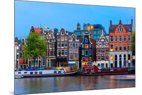 Night City View of Amsterdam Canal with Dutch Houses-kavalenkava volha-Mounted Photographic Print