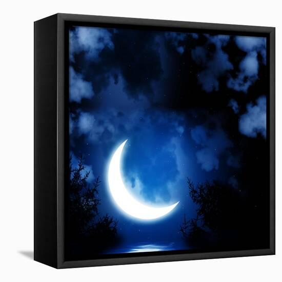 Night Fairy Tale - Bright Moon Reflected In Water-frenta-Framed Stretched Canvas