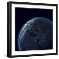 Night Globe With City Lights, Detailed Map Of Asia, Europe, Africa, Arabia-Mike_Kiev-Framed Art Print