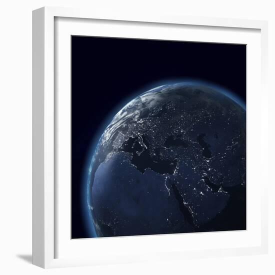 Night Globe With City Lights, Detailed Map Of Asia, Europe, Africa, Arabia-Mike_Kiev-Framed Art Print