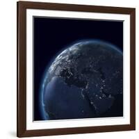 Night Globe With City Lights, Detailed Map Of Asia, Europe, Africa, Arabia-Mike_Kiev-Framed Art Print