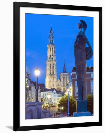 Night Illumination, Tower of Onze Lieve Vrouwekathedraal, Antwerp, Flanders, Belgium, Europe-Christian Kober-Framed Photographic Print