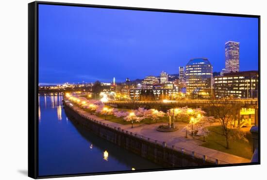 Night Image of Cherry Blossoms and Water Front Park, Willamette River, Portland Oregon-Craig Tuttle-Framed Stretched Canvas