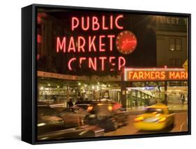 Night lights of Pike Place Market in Seattle, Washington, USA-Janis Miglavs-Framed Stretched Canvas