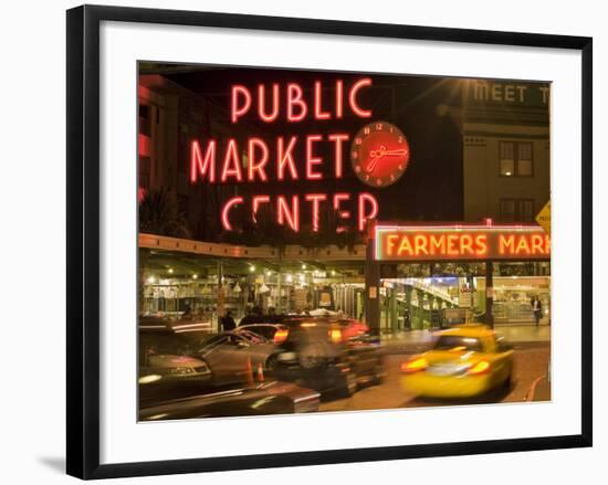 Night lights of Pike Place Market in Seattle, Washington, USA-Janis Miglavs-Framed Photographic Print