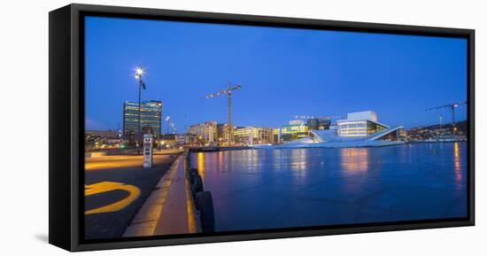 Night panoramic view of the Oslo Opera House, frozen bay and new business quarter, Oslo, Norway, Sc-Mykola Iegorov-Framed Stretched Canvas