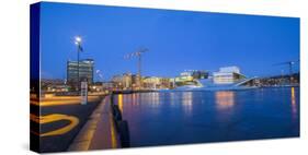 Night panoramic view of the Oslo Opera House, frozen bay and new business quarter, Oslo, Norway, Sc-Mykola Iegorov-Stretched Canvas