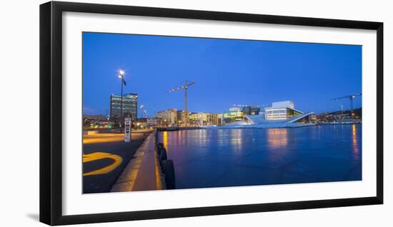 Night panoramic view of the Oslo Opera House, frozen bay and new business quarter, Oslo, Norway, Sc-Mykola Iegorov-Framed Photographic Print