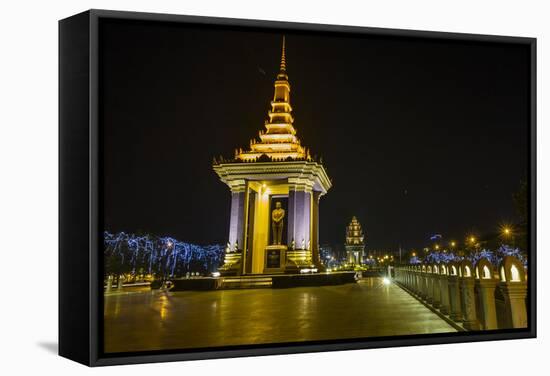 Night Photograph of the Statue of Norodom Sihanouk, Phnom Penh, Cambodia, Indochina-Michael Nolan-Framed Stretched Canvas