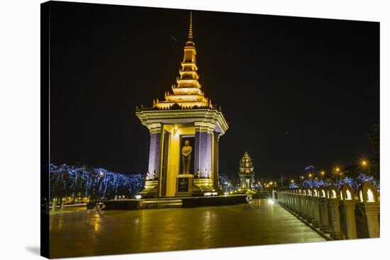 Night Photograph of the Statue of Norodom Sihanouk, Phnom Penh, Cambodia, Indochina-Michael Nolan-Stretched Canvas