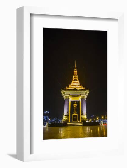 Night Photograph of the Statue of Norodom Sihanouk, Phnom Penh, Cambodia, Indochina-Michael Nolan-Framed Photographic Print