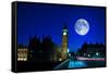 Night Scene in London Showing the Big Ben, a Full Moon and Traffic on Westminster Bridge-Kamira-Framed Stretched Canvas
