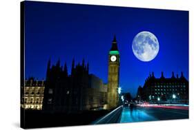 Night Scene in London Showing the Big Ben, a Full Moon and Traffic on Westminster Bridge-Kamira-Stretched Canvas