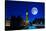 Night Scene in London Showing the Big Ben, a Full Moon and Traffic on Westminster Bridge-Kamira-Stretched Canvas