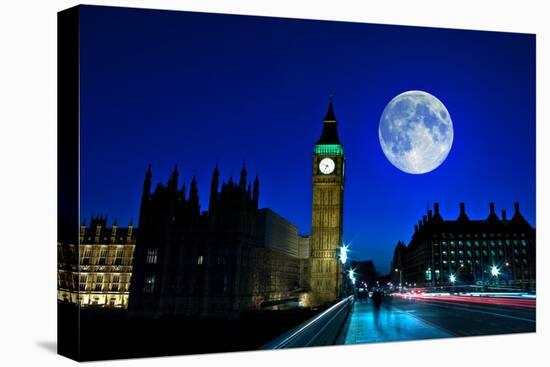 Night Scene in London Showing the Big Ben, a Full Moon and Traffic on Westminster Bridge-Kamira-Stretched Canvas