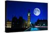 Night Scene in London Showing the Big Ben, a Full Moon and Traffic on Westminster Bridge-Kamira-Stretched Canvas