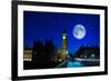 Night Scene in London Showing the Big Ben, a Full Moon and Traffic on Westminster Bridge-Kamira-Framed Photographic Print