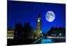 Night Scene in London Showing the Big Ben, a Full Moon and Traffic on Westminster Bridge-Kamira-Mounted Photographic Print