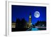 Night Scene in London Showing the Big Ben, a Full Moon and Traffic on Westminster Bridge-Kamira-Framed Photographic Print