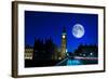 Night Scene in London Showing the Big Ben, a Full Moon and Traffic on Westminster Bridge-Kamira-Framed Photographic Print