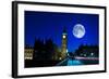 Night Scene in London Showing the Big Ben, a Full Moon and Traffic on Westminster Bridge-Kamira-Framed Photographic Print