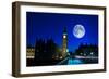 Night Scene in London Showing the Big Ben, a Full Moon and Traffic on Westminster Bridge-Kamira-Framed Photographic Print