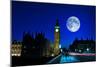 Night Scene in London Showing the Big Ben, a Full Moon and Traffic on Westminster Bridge-Kamira-Mounted Photographic Print