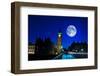 Night Scene in London Showing the Big Ben, a Full Moon and Traffic on Westminster Bridge-Kamira-Framed Photographic Print