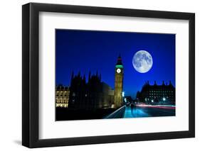 Night Scene in London Showing the Big Ben, a Full Moon and Traffic on Westminster Bridge-Kamira-Framed Photographic Print