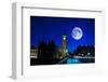 Night Scene in London Showing the Big Ben, a Full Moon and Traffic on Westminster Bridge-Kamira-Framed Photographic Print