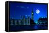 Night Scene in London Showing the Big Ben, a Full Moon and Westminster Bridge-Kamira-Framed Stretched Canvas